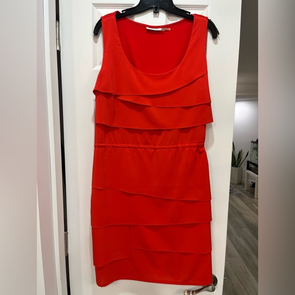 Calvin Klein Faux Wrap Coral Orange Dress Size 14 Adjustable Waist Elegant